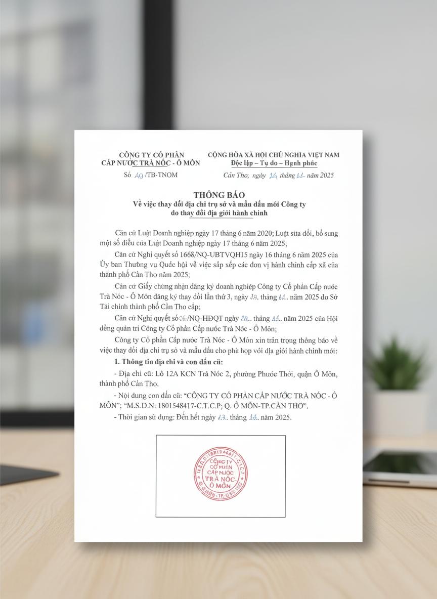 Mẫu thông báo thay đổi địa chỉ trụ sở chính Cần Thơ